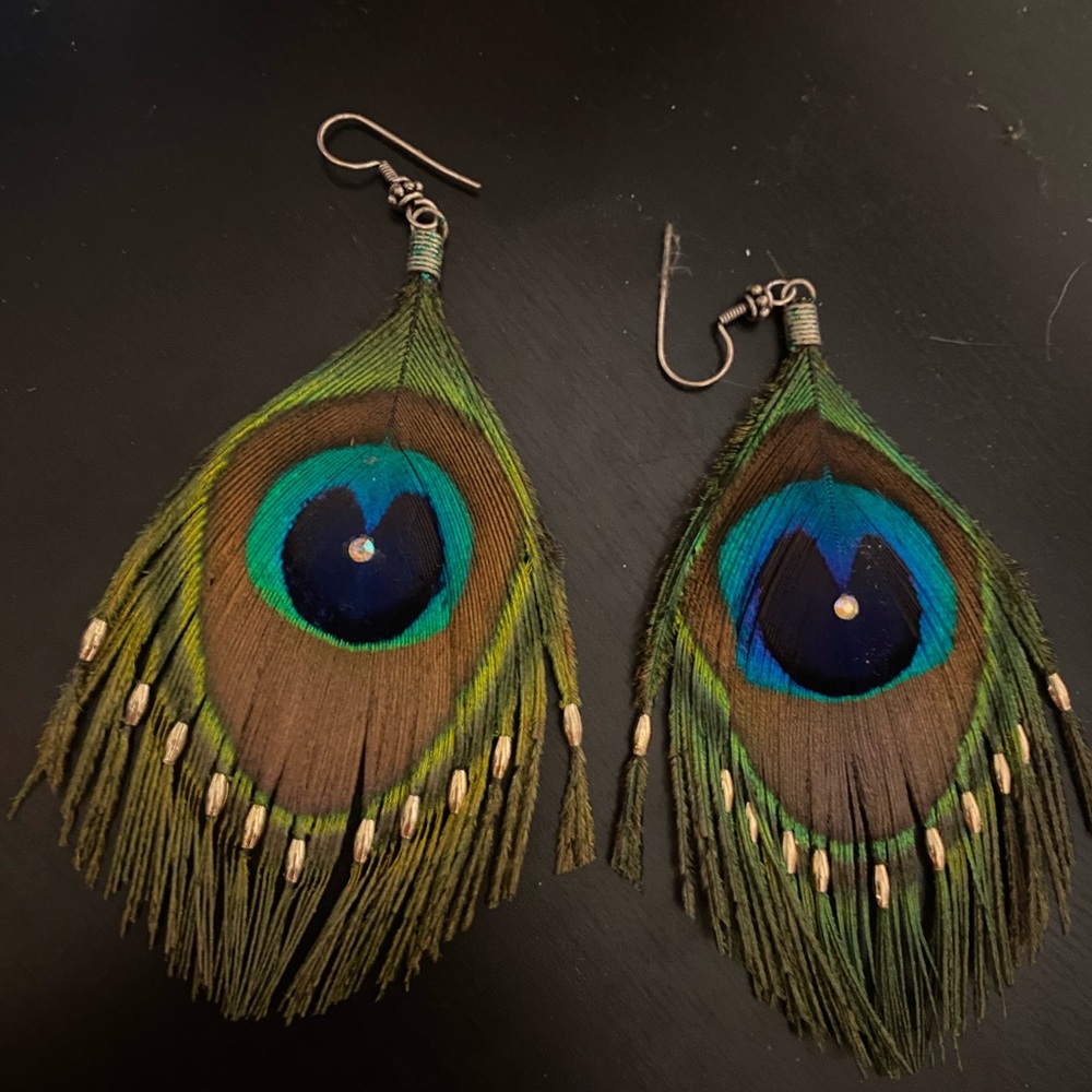 Beautiful Brand New Hanging Peacock Feather Earrings for Pierced Ears.